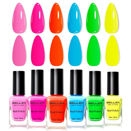 GELLEN front packaging showing six neon polish bottles and bright rainbow appeal
