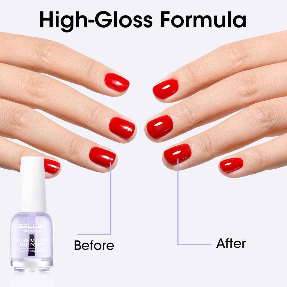 GELLEN glossy nails after top coat highlighting durable mirror-like shine