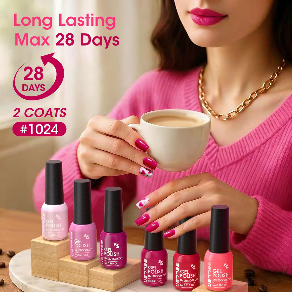 GELLEN polished hands with bright hot pink manicure showing durable high-shine benefit