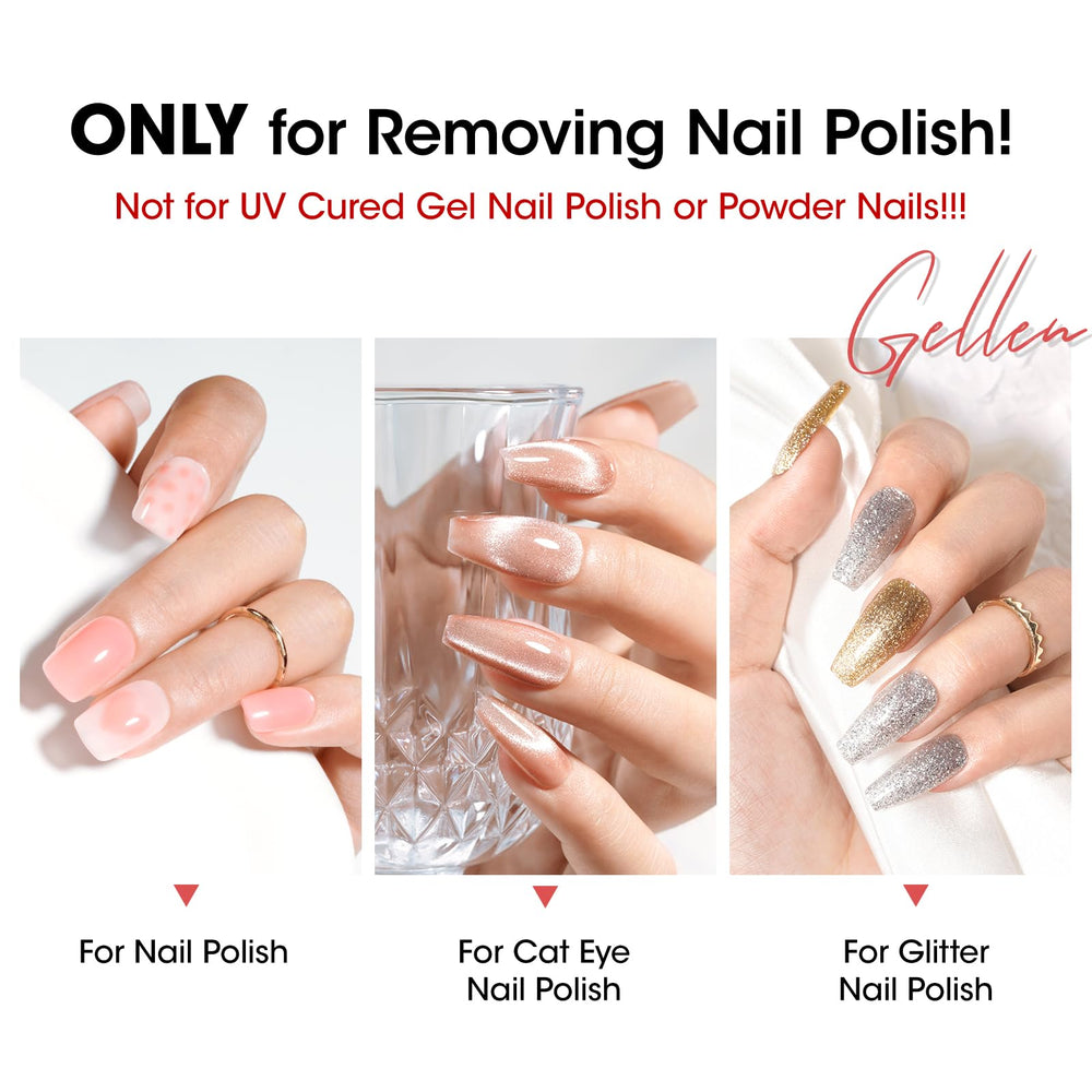 GELLEN in use removing glitter polish, showing fast, residue-free cleaning
