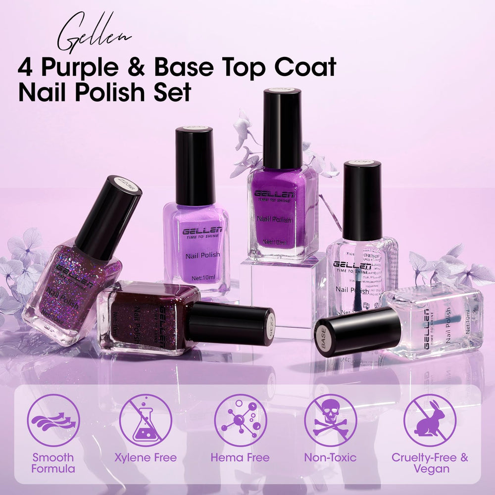 GELLEN nail swatch fan displaying four purple shades for mix-and-match manicures