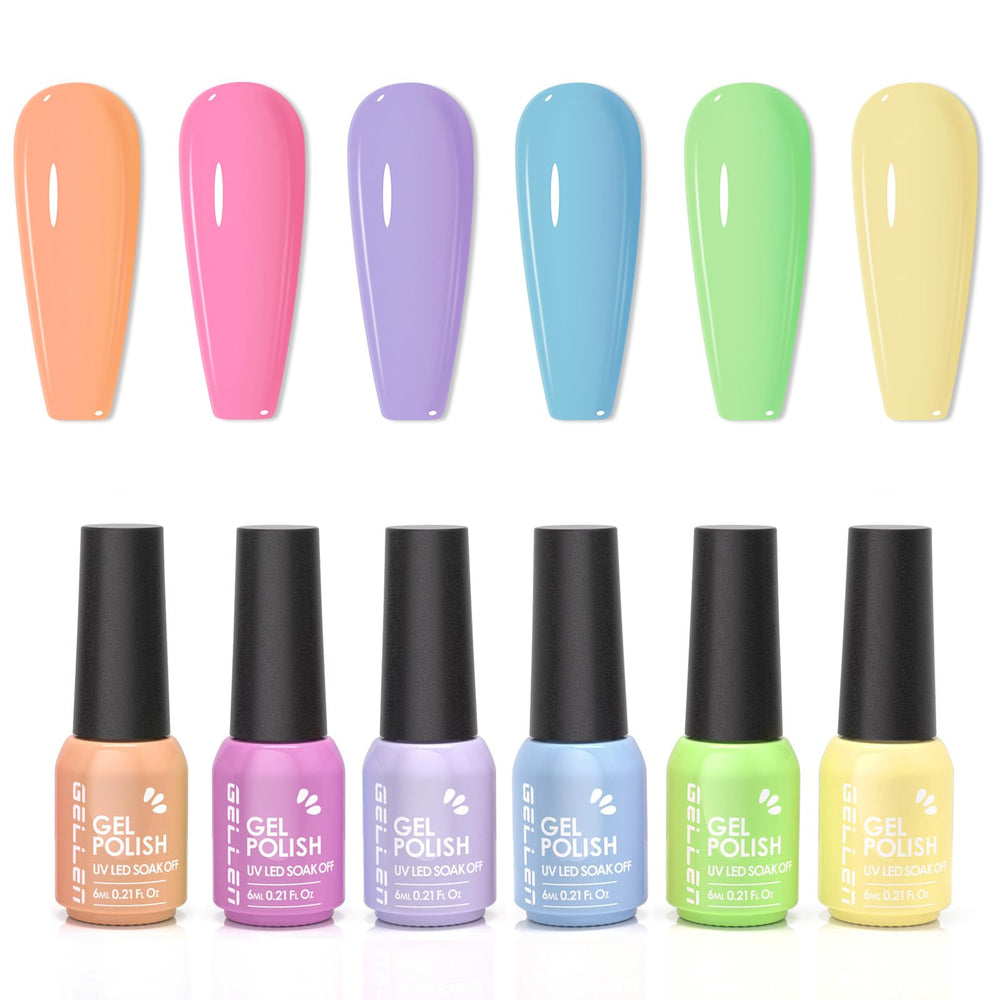 GELLEN bottle front packaging showing six pastel shades and quick-cure benefit