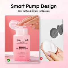 GELLEN pump head dispensing remover onto cotton pad for tidy, one-handed use