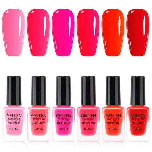 GELLEN front packaging displaying six red and pink nail polish bottles, vibrant selection benefit