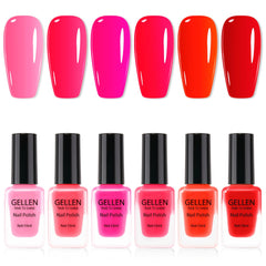 GELLEN front packaging displaying six red and pink nail polish bottles, vibrant selection benefit