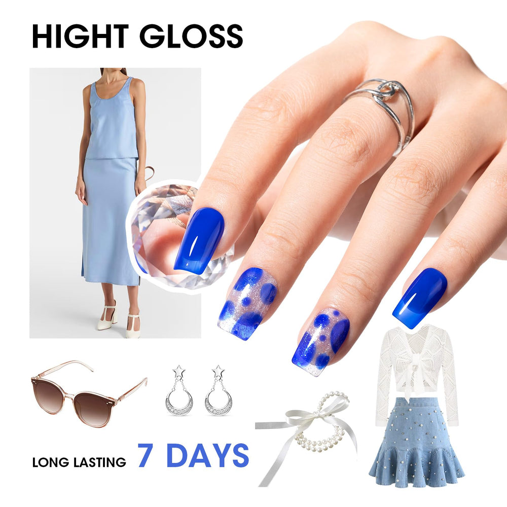GELLEN swatch on nail showing sheer blue finish and glossy benefit