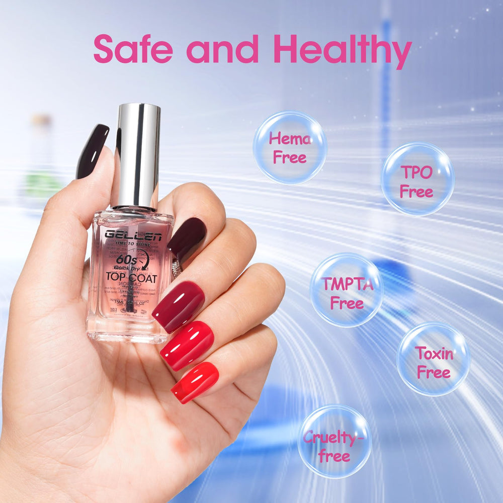 GELLEN top coat over colored nails in lifestyle scene showing salon shine benefit