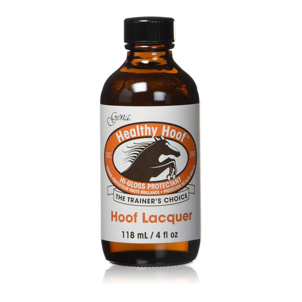 Gena hoof lacquer bottle front showing glossy finish and UV protection benefit