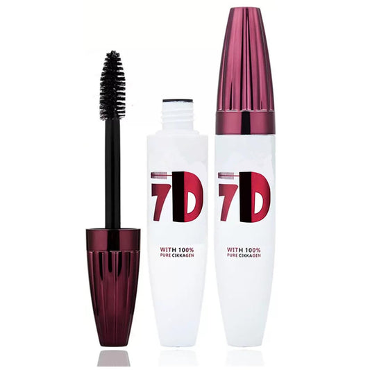 Generic 7D mascara front packaging showing sleek tube and black finish benefits smear-resistant wear