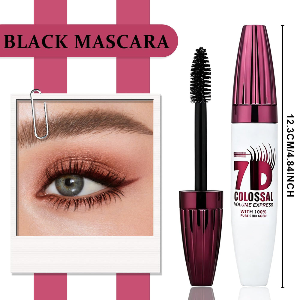 Generic 7D mascara label close-up highlighting formula features