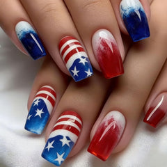 Generic brand front view of American flag press-on nails showing packaging and set benefits
