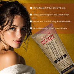 Generic beef tallow sunscreen lightly applied on face in mirror showing non-greasy finish benefit