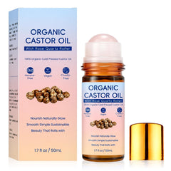 Generic castor oil roll on front packaging showing compact bottle and branding benefit: easy application