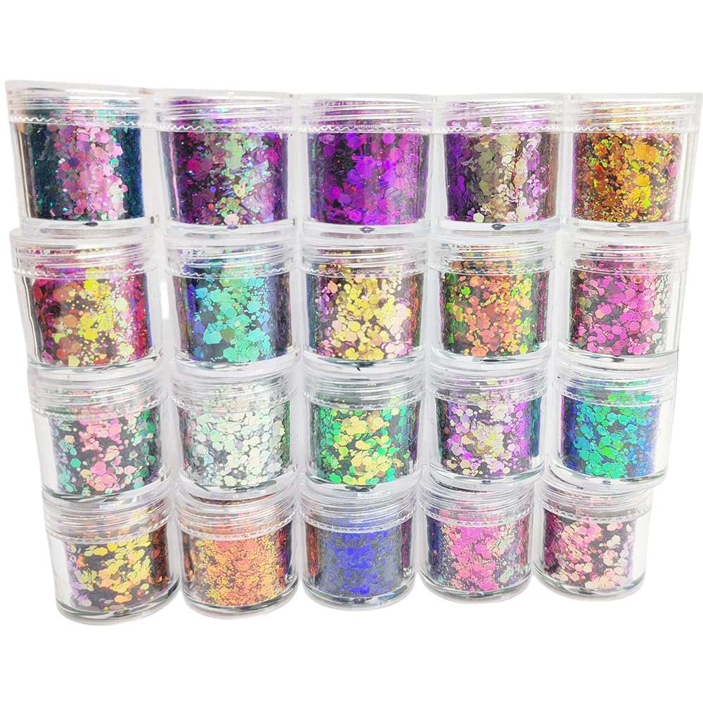 Generic chameleon glitter open jar close-up showing chunky flakes and easy application benefit