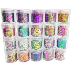 Generic chameleon glitter open jar close-up showing chunky flakes and easy application benefit