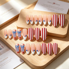 Generic brand close-up of white French tip with red stripe, highlighting crisp design detail and shine