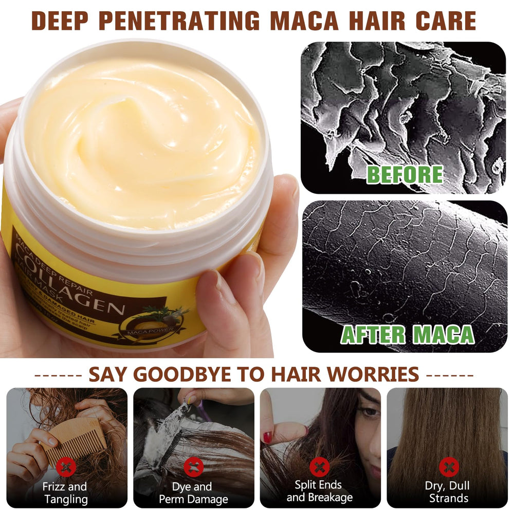 Generic collagen hair mask 150ml next to a hand to show true size and portability