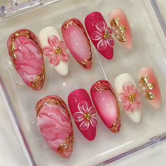 Generic front packaging showing 30 pink flower press-on nails and tools, convenient kit