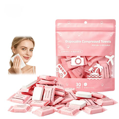 Generic product front packaging showing 30 pink compressed towels, convenient portability