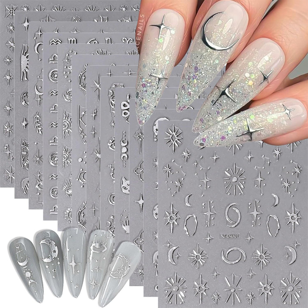 Generic silver star and moon sticker sheets front view showing quantity and variety, ideal for quick manicures