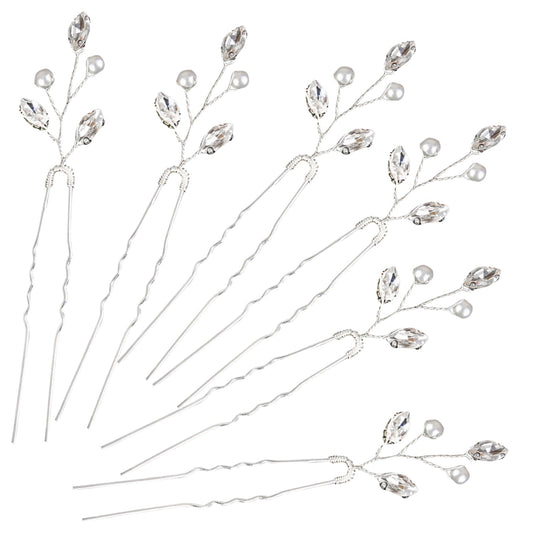 Generic silver hair pins front display showing pearls and crystals for elegant styling