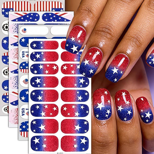 Generic front packaging showing four patriotic nail wrap sheets and included stripe tool, easy prep