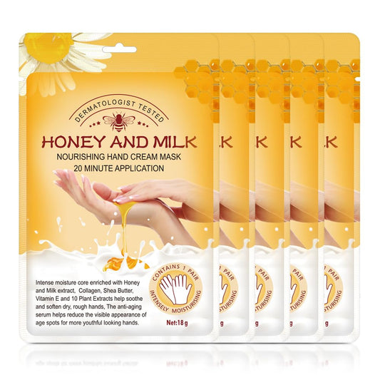 Generic brand front packaging showing five hand peel mask gloves and benefits