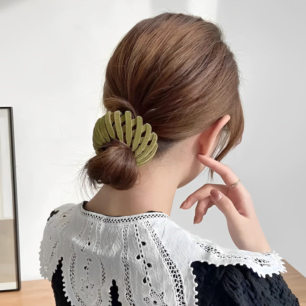 Generic clip in use securing a ponytail quickly for easy styling