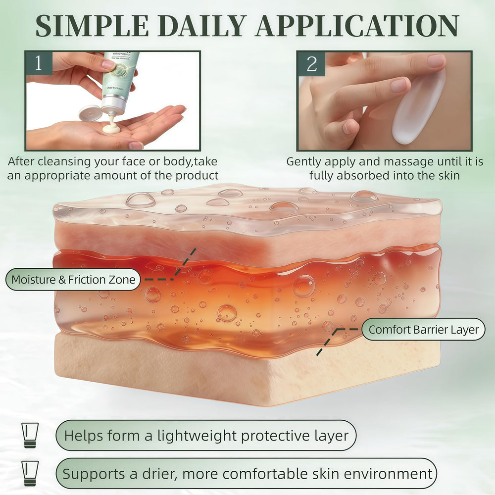 Generic Intertrigo Cream applied to inner thigh demonstrating reduced friction and moisture