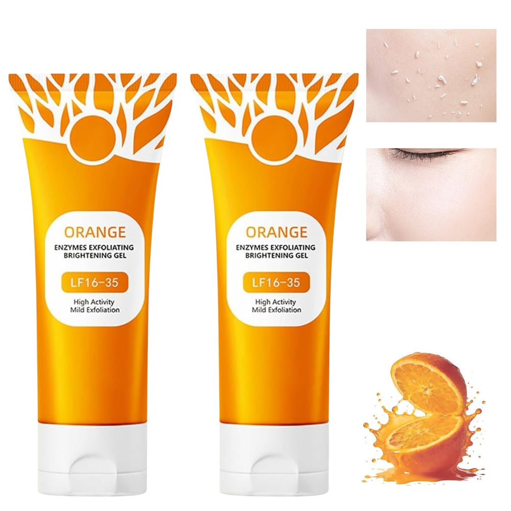 Generic front packaging of orange exfoliating gel showing product and benefits