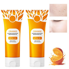 Generic front packaging of orange exfoliating gel showing product and benefits