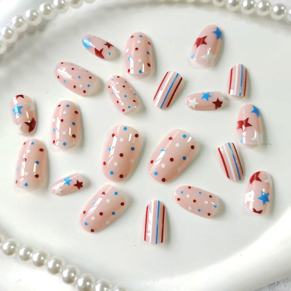 Generic detailed shot of red blue stars and polka dots designs for festive styling benefit