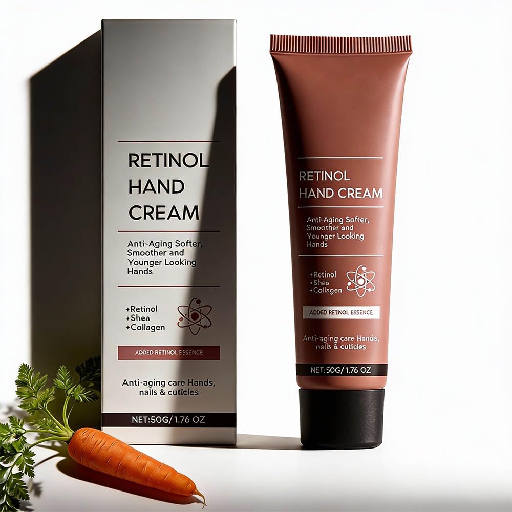 Generic retinol hand cream front packaging showing compact 50g tube and benefits