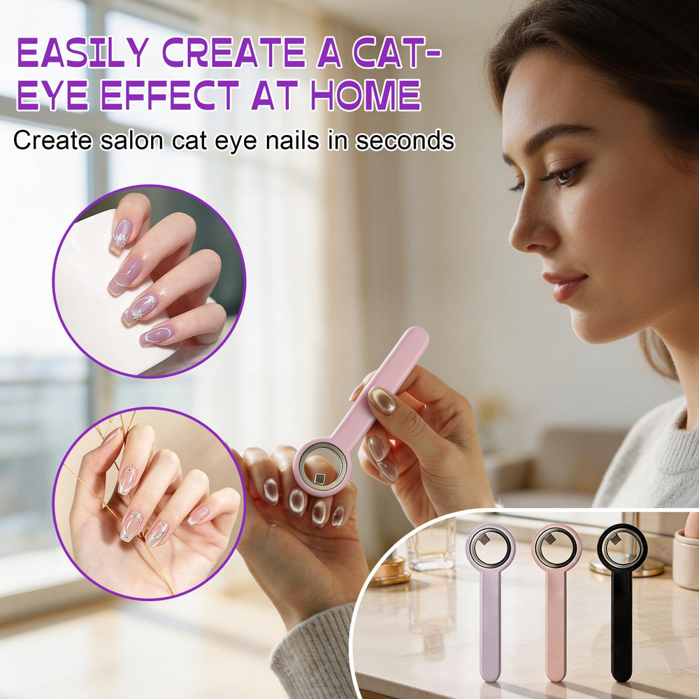 Generic ring magnet in use over gel nail demonstrating crisp cat eye benefit