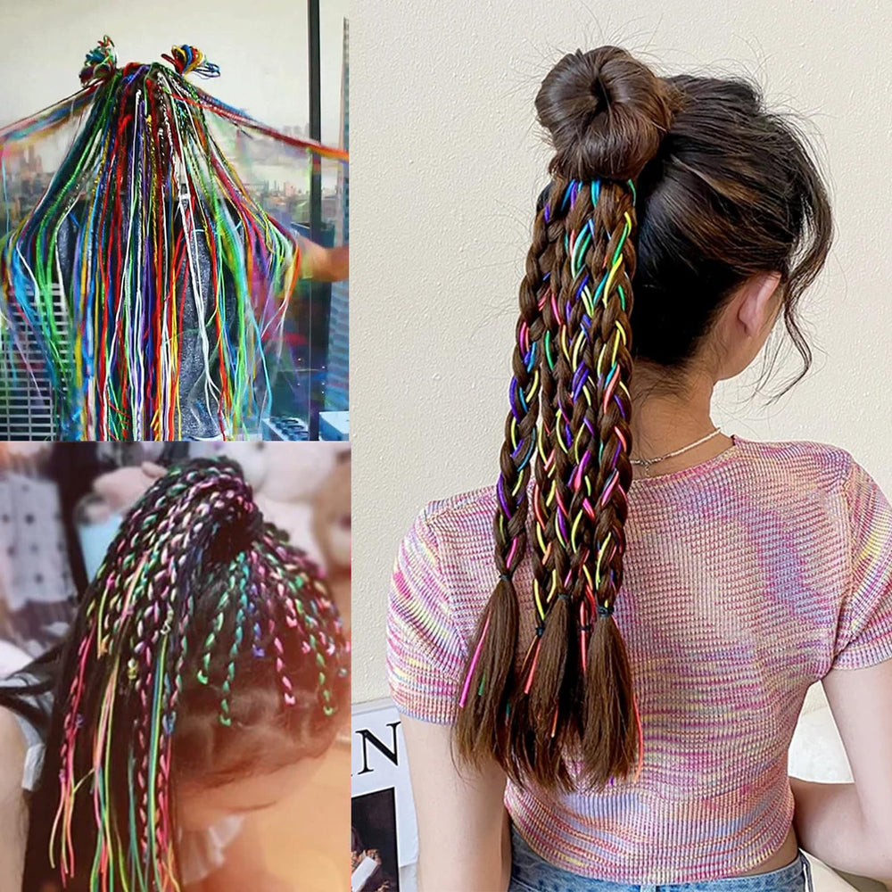 Generic brand braided ponytail in use featuring bright wraps adding instant color