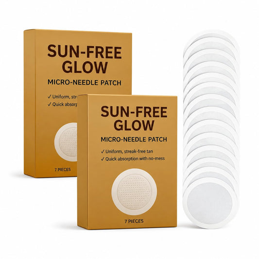 Generic Sun-Free Glow front pack showing compact seven-patch travel kit benefit