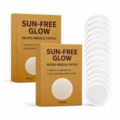 Generic Sun-Free Glow front pack showing compact seven-patch travel kit benefit