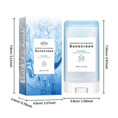 Generic suncream stick ingredients label featuring Centella and hyaluronic acid benefits