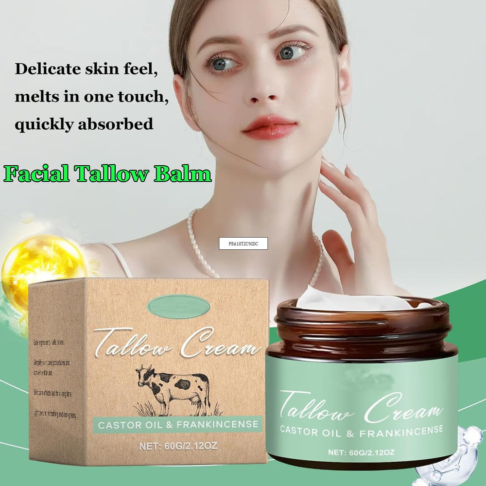 Generic tallow cream with castor oil bottle nearby highlighting nourishing oil content benefit