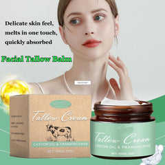 Generic tallow cream with castor oil bottle nearby highlighting nourishing oil content benefit