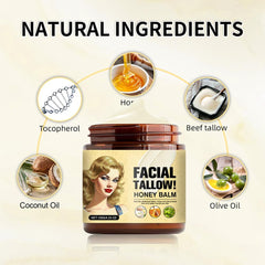 Generic display of tallow, honey, coconut ingredients highlighting natural nourishment benefit