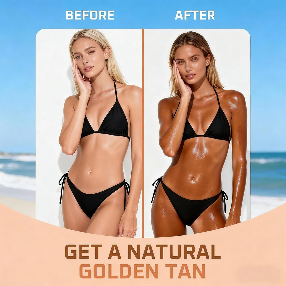 Generic tanning gummies in beach bag lifestyle scene suggesting on-the-go bronzing support