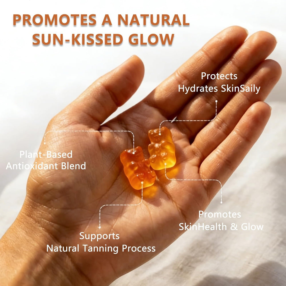 Generic tanning gummies pack in bag showing pocketable size and travel ease