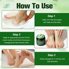 Generic tea tree foot cream with aloe, peppermint and vitamin E ingredients displayed