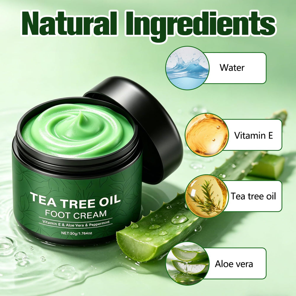 Generic tea tree foot cream close-up texture showing non-greasy absorption