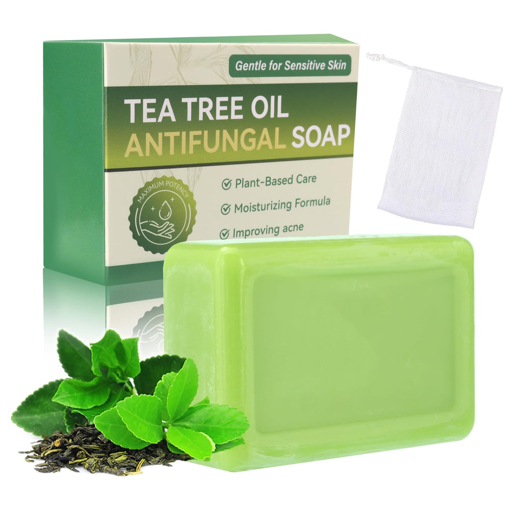 Generic tea tree soap front packaging showing bar and brand benefits