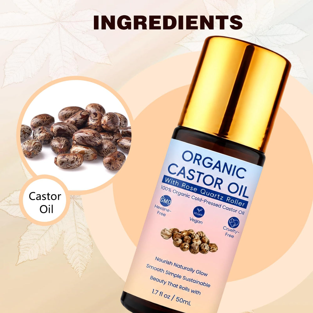 Small drop of castor oil on hand texture shot showing cold-pressed purity and moisturizing benefit