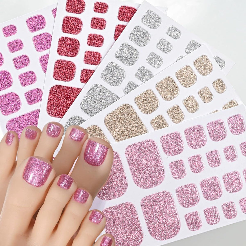Generic toe full nail wraps front packaging showing five glitter colors and convenience