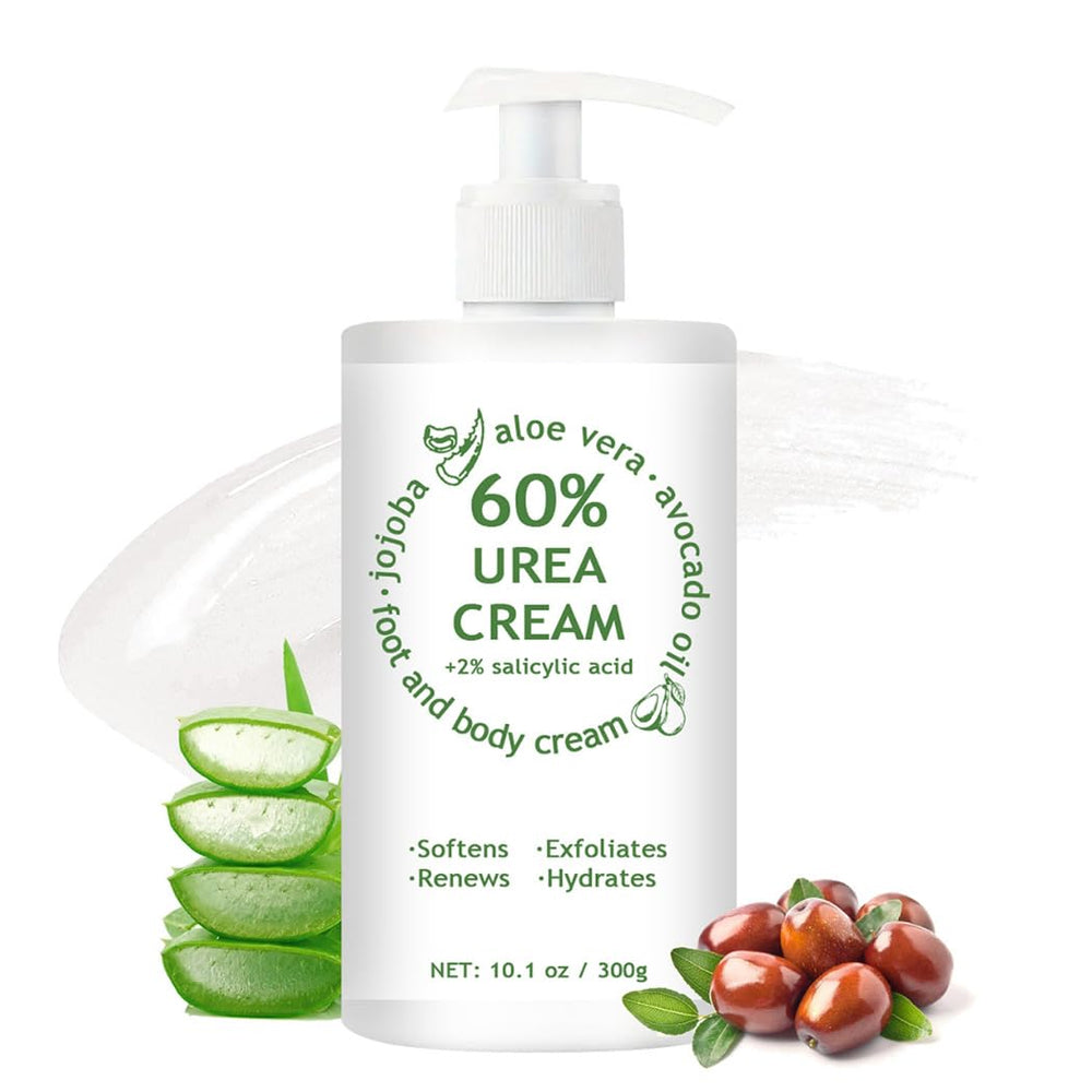Generic brand urea cream front pump showing 10.1 oz jar and easy dispensing benefit