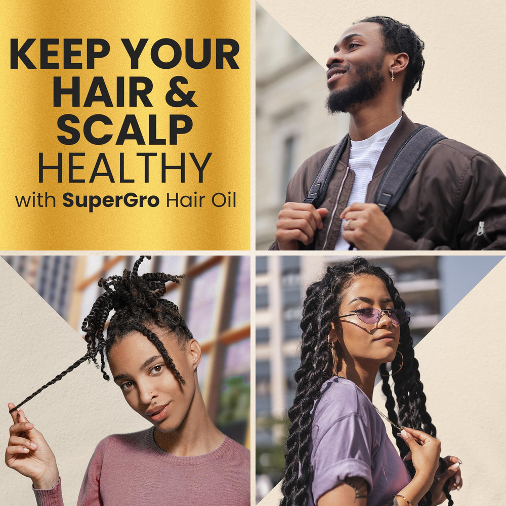 Genuine African Formula applying oil to scalp illustrating scalp moisturize and soothe
